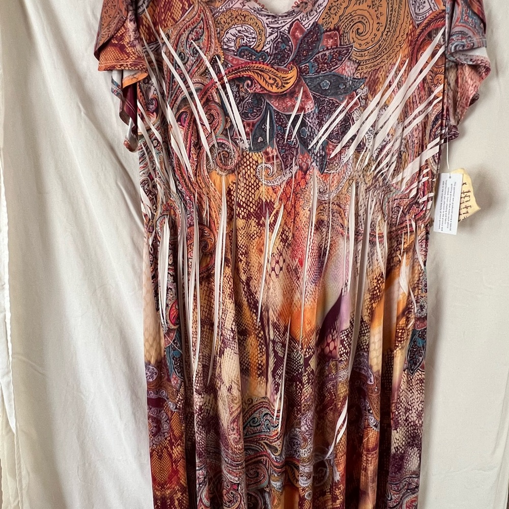 ONE WORLD Multicolor Bohemian Dress. Midi w/ handkerchief hemline. Size XL